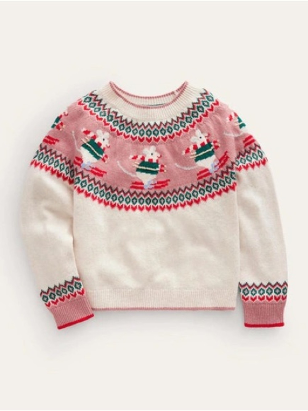 Mini Boden Kids Fair Isle Sweater Ecru Marl Skiing Mice